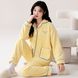 Pajamas Women's Winter Flannel Cardigan fleece-lined Warm Autumn and Winter Long Sleeve Women's suit Simple Comfortable Home Clothes for Women