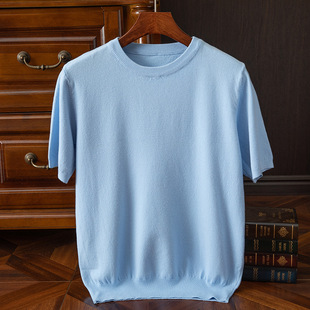 Cross-border Knitted Short-sleeved T-shirt Men's Crewneck Knitted Shirt Half-sleeved Solid Color Loose Casual plus size Base Top