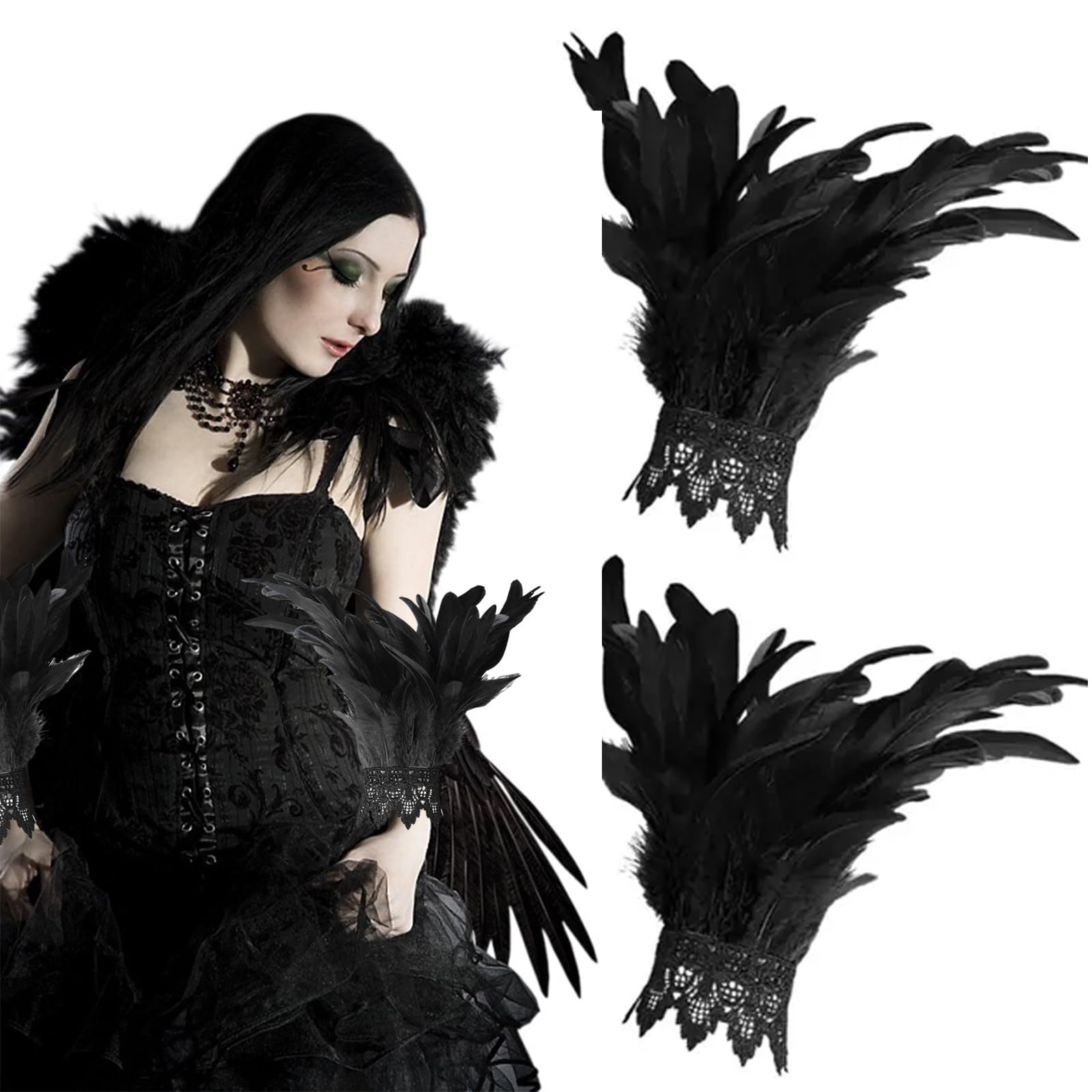 Gothic Style Dark Feather Set Halloween Cosplay Ball Mask Neck Accessories Waist Belt Sleeve Accessories
