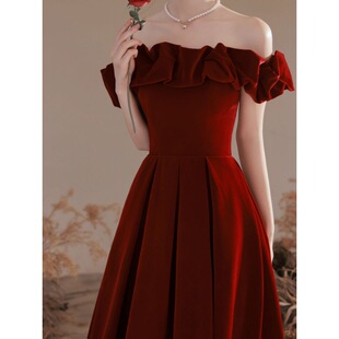Toast dress bride off-shoulder velvet new wedding engagement wine red dress women can wear wholesale at ordinary times