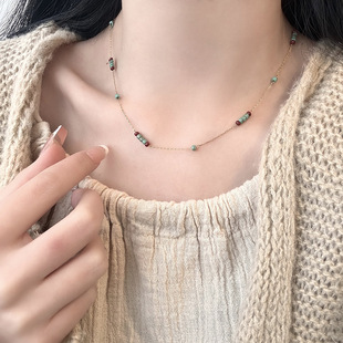 Vintage Contrast Turquoise Beaded Titanium Steel Necklace Women's High-grade Niche Light Luxury Design Sense Overlapped Clavicle Chain Necklace Chain