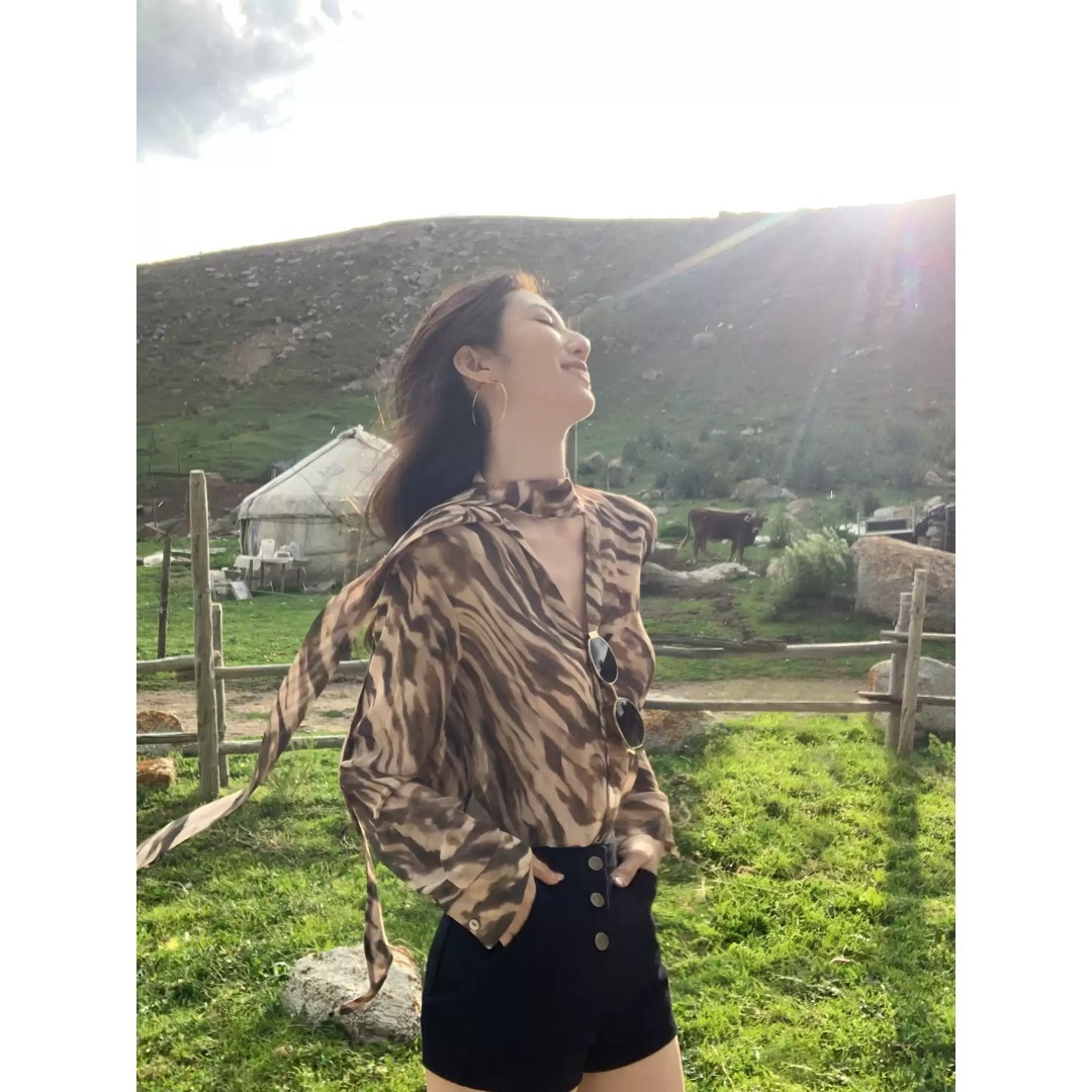 MULVA Wildly Entangled Brown Leopard Print V-Neck Ribbon Long Sleeve Printed Shirt for Women, Royal Sister Style Thin Top