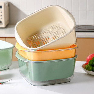 PET double-layer draining basket large contrast color plastic vegetable washing basket fruit basin household kitchen storage fruit and vegetable draining Basin