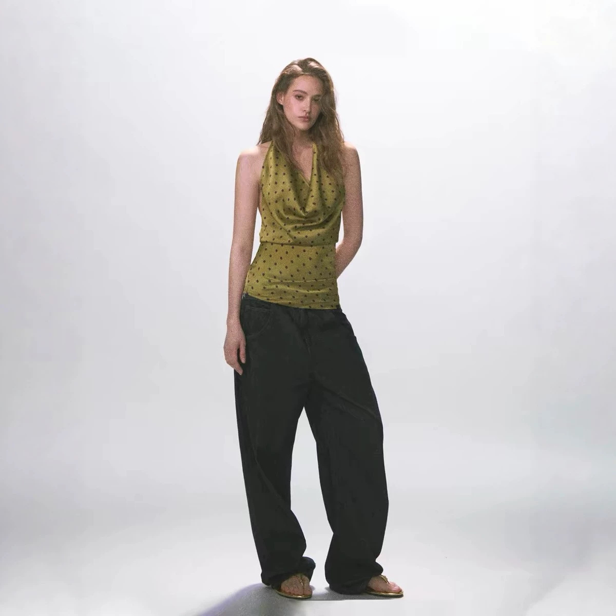 Andyet Ad1 Sleeveless Halter Neck Tank Top with Tie Back, Waist-Cinching, Vintage Style, Slimming, Backless Top for Summer