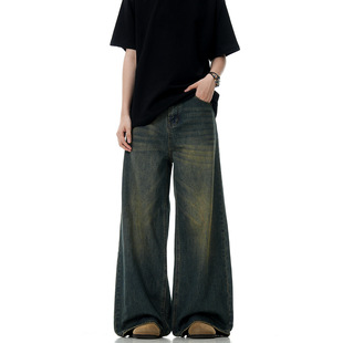 Verborgen Vintage Yellow Mud Dyed Jeans American Style High Street Baggy Straight Tube Loose Wide Leg Trendy Brand Men's Washed