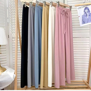 Foreign Trade Cross-border Special for Summer Thin Ice Silk Casual Pants Women's High Waist Dosing Straight Loose Wide Leg Pants