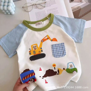 Japanese Boy's Excavator Short-sleeved T-shirt 2025 Summer New Arrival Men's Cute Cartoon Color Contrast Casual Top