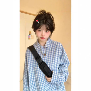 [Factory in stock] Korean Style Fresh Blue Plaid Shirt Women's Autumn and Winter Stacked Design Long Sleeve Shirt