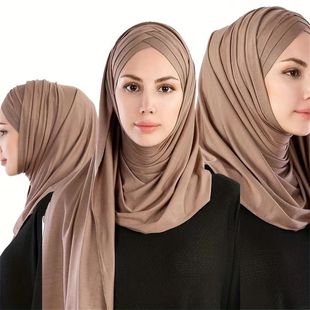 Cross-border new mercerized cotton three-layer cross-brim strap monochrome long scarf shawl cover
