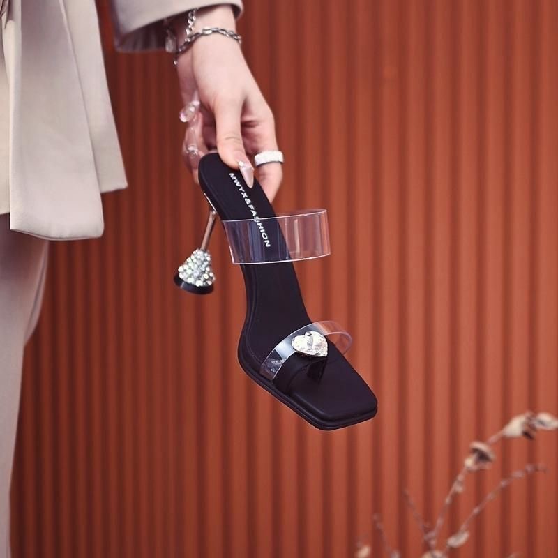 Korean style sexy and fashionable high-heeled kitten heels, new summer style, rhinestone height-increasing, leg-lengthening transparent strap sandals.