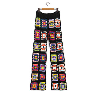 9810-23 Autumn New Women's High Waist Color Flower Pattern Hand-crocheted Wide Leg Pants Casual Pants