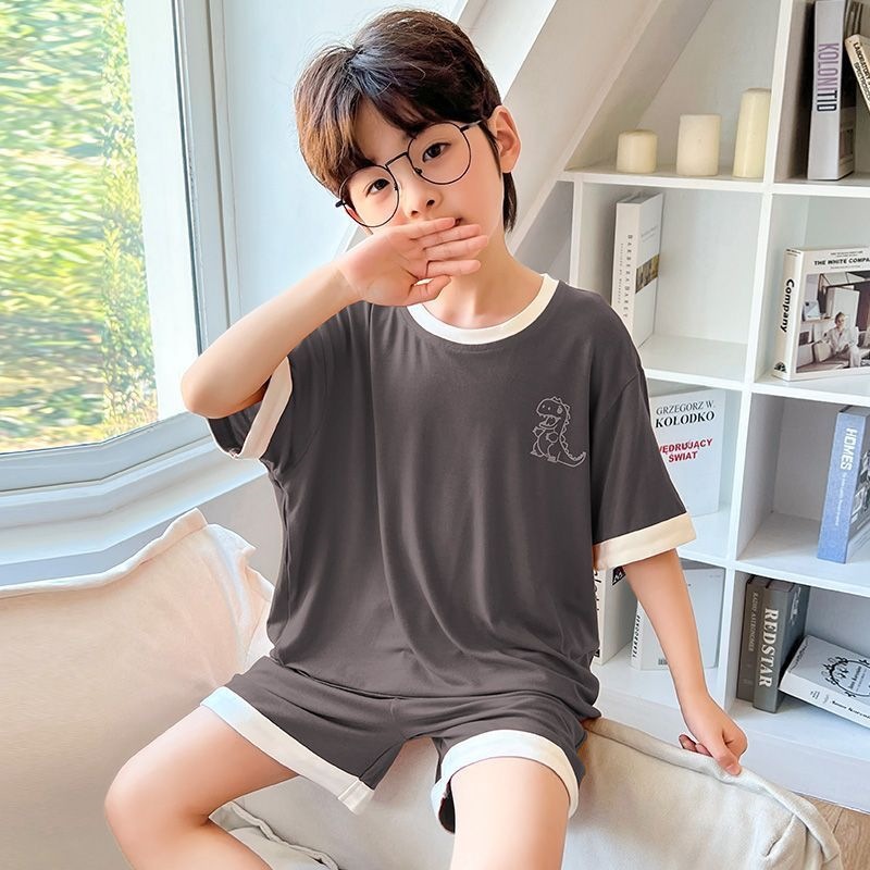 儿童男童睡衣夏季薄款透气莫代尔冰丝短袖中大童男孩空调家居服女