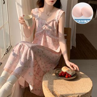Cloud Cotton Pajamas Women's Summer New Arrival with Chest Pad Sling Mid-Length Nightdress Student Cartoon Cute plus size Home Clothes