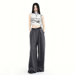 25th ootd! Explosions | design pleated casual pants Korean loose straight pants (with belt) gray