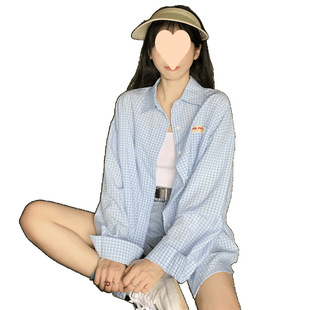 Summer Thin Student-style Loose All-match Shirt Jacket Commuter Shirt Blue Plaid Mid-length Shirt