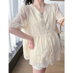 2025 in stock 2025 Summer New Pregnant Women Korean V-neck Lace Embroidered Doll Shirt Top Belly Shorts