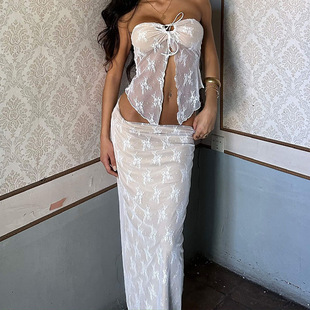 European and American New Street sexy hot girl hollow lace tube top double layer sheath skirt suit women