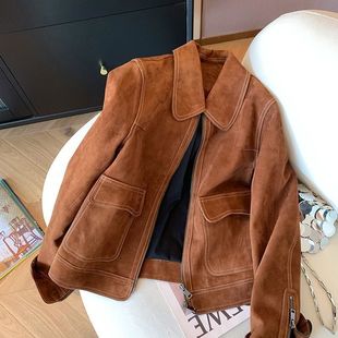 HXH Maillard Brown Suede Lapel Coat Women's Autumn New Retro Fashionable All-match Short Jacket Suede
