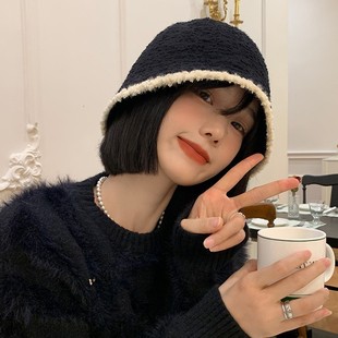 Black lamb wool fisherman hat for women 2023 new autumn and winter versatile face-looking small no lint plain knitted bucket hat