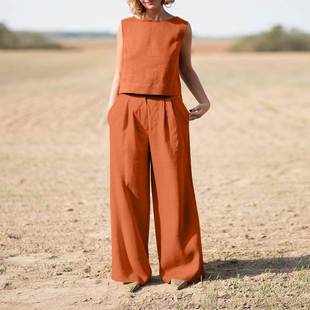 2022 cross-border foreign trade large size women's clothing solid color National style vintage pants set cotton and linen casual long sleeve loose cotton suit