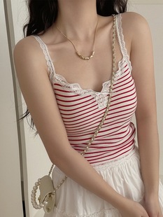 New Korean Style Hong Kong Style Striped Bow Beautiful Back Camisole Lace Outer Wear Simple High Elastic Top for Women