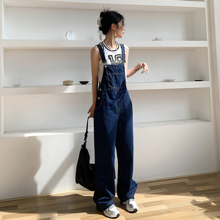Korean Style Denim Wide Leg Overalls Women's Summer 2024 New High Waist Loose Slimming Age-reducing Denim Overalls for Women