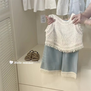 Girl's Design Sense Retro suit Summer Crochet Tassel Short Vest Top Wide Leg Jeans Two-piece Fashionable Set