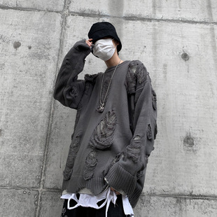 Two-sided Wearing Ripped Sweater ins High-Street Ruffian Handsome Boys Sweater Coat Autumn and Winter Fashionable Brand Casual Sweater