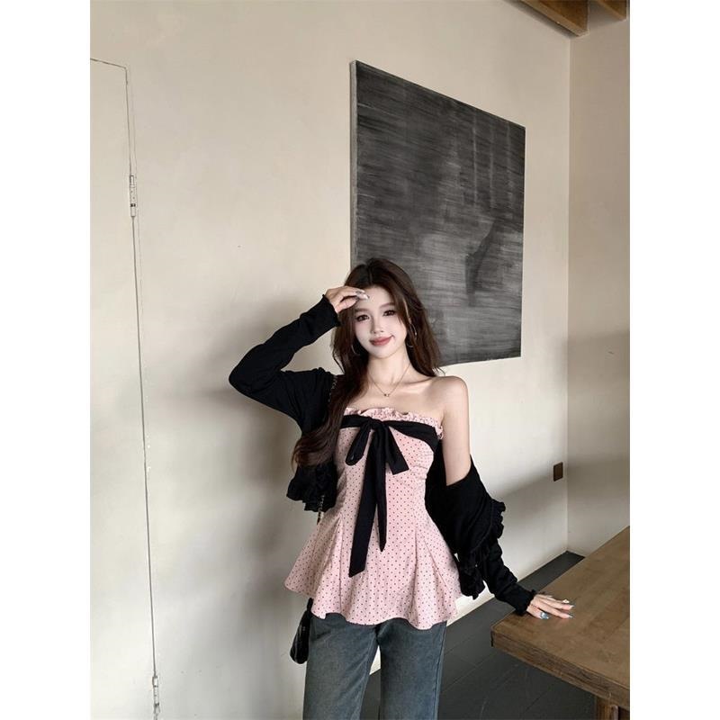 Plus-Size Spicy Girl Style Outfit, New Summer Design with Bowknot Polka Dot Tube Top and Long-Sleeve Cardigan Top