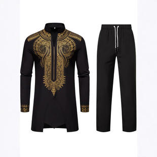 Foreign Trade Europe and America Cross-border New Products Men's Ethnic Style Robe Printed Collar Long Sleeve Shirt Trousers Casual suit Men
