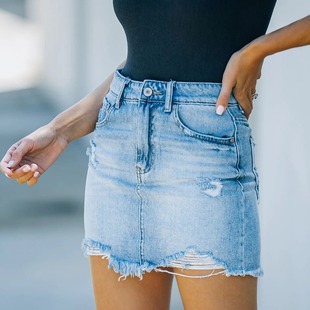 European and American cross-border AliExpress Amazon new high waist ripped Denim skirt washed frayed Denim hip skirt