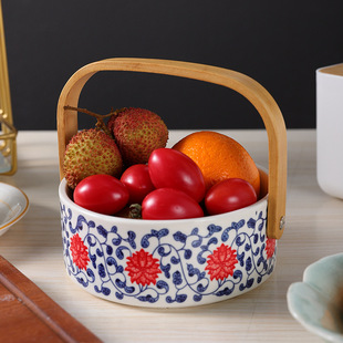 New Chinese-style Ceramic Fruit Basket Household Hand-held Basket Snack Set-up Tray Encircled Stove for Cooking Tea Outdoor Refreshment Tray Storage Bowl