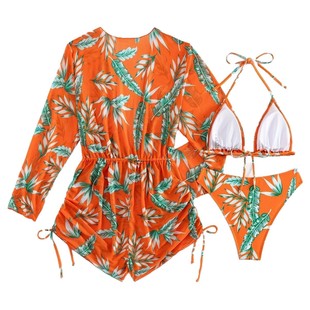 2025 New European and American Swimsuit Split Multi-color Printed Bikini Three-piece Swimsuit Women's Foreign Trade Swimsuit Biki