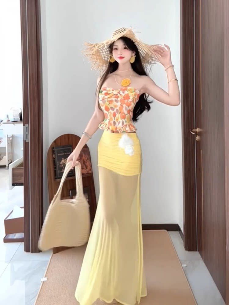 Dopamine Yellow Floral Tube Top Dress for Seaside Vacation, Very Beautiful and Atmospheric Beach Long Dress Set for Women
