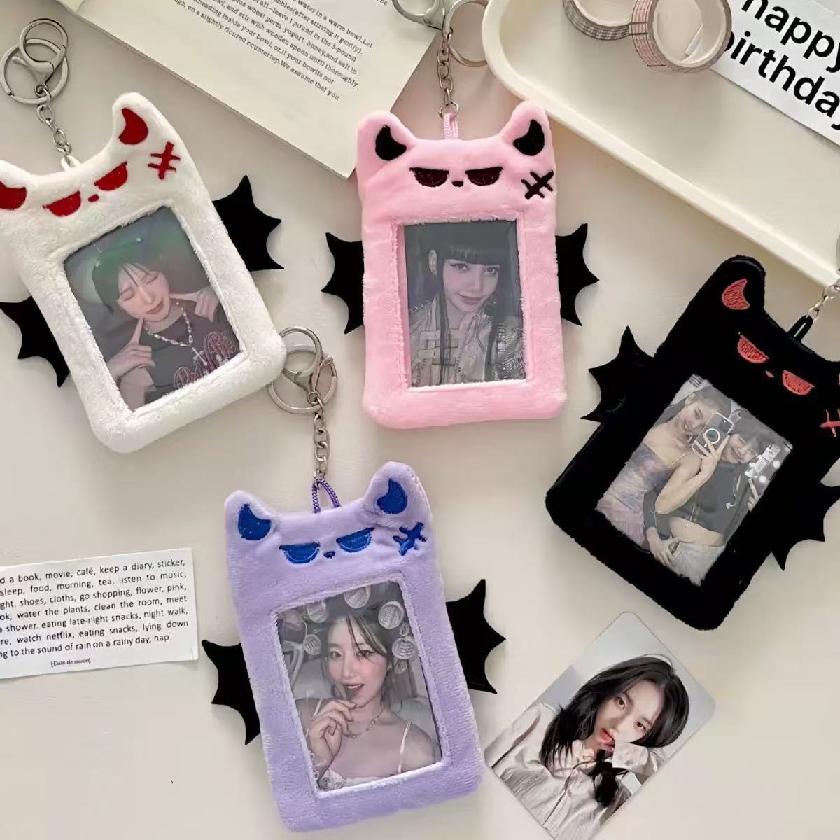Plush Card Holder with Fierce Bat, Angel, and Demon Designs from Korea, Suitable for Polaroid, Meal Cards, Bus Cards, and Idol Display Pendants