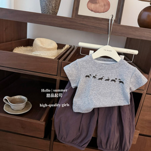 [Dessert cheese] South Korea children's clothing baby girl summer cartoon dachshund dog T-shirt purple bloomers western style set