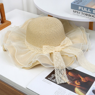 French Straw Hat Women's 2025 Summer New Breathable Lace Hollow Sunscreen Hat Seaside Hat Sunshade Hat