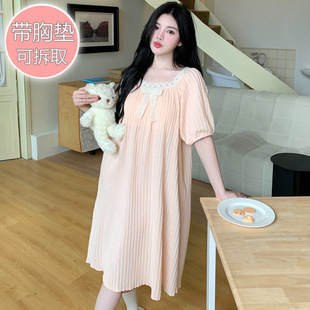 Cross-border knitted jacquard pajamas women's summer princess wind with chest pad short sleeve long nightgown plus size 250kg home