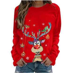 2024 spring and autumn European and American round neck pullover long sleeve casual Christmas deer print loose T-shirt