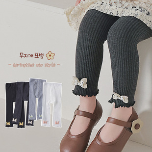 Cross-border children's pants new children's leggings Spring and Autumn wear vertical wooden ear crotch bow cropped trousers
