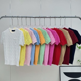 RL Ralph Pony Embroidered Round Neck Short-Sleeved Knitted Shirt Pocket Top Slim-Fit Women's
