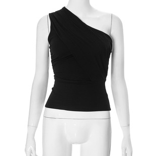 M24TP161 European and American Women's Clothing Summer Ins New Solid Color Sleeveless Single Shoulder Cropped Slim-fit Sexy Small Top for Women