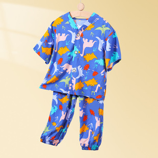 2025 Summer Children's Fashion Home Clothes suit Boys and Girls Short-sleeved Pants Pajamas Large Children's Cardigan Air-conditioning Clothes