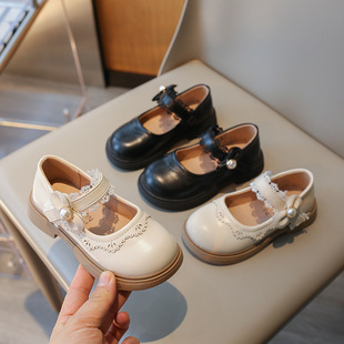 2024 New girls' leather shoes Children's princess shoes Spring and Autumn British style solid color bow Pearl soft bottom small shoes