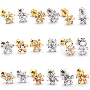 Five-leaf flower earring copper plated 18K real gold threaded ball flower zircon snowflake earring ear bone nail ear nail