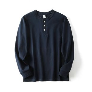 Good stuff! 300 grams of heavy fabric! Vintage Henry collar! Men's Simple All-Match Solid Color Daily Long-Sleeved T-Shirt