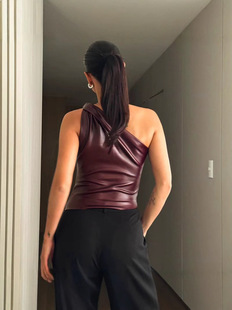 Amazon European and American-style Women's 2024 New Leather One-shoulder Distinctive Tight Waist Slant Sleeveless Top