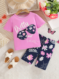European and American Style Girl's Summer suit Pink Short-sleeved T-shirt Floral Shorts Two-piece Set Baby's Casual Summer Dress