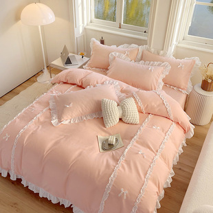 Korean Style Class A Princess Style Bed Sheet Four-Piece Set Cotton Cotton Bow Quilt Cover Student Dormitory Bed