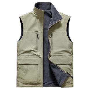 Reversible Spring and Autumn Fleece Vest for Men, Outdoor Sports Warm Vest, Waistcoat, Workwear, Multi-Pocket Vest Jacket